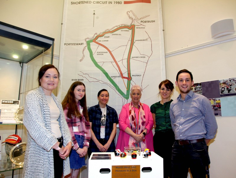 Rachel Archibald & Joanne Honeyford (Museums Officers) with participants and facilitators showing their creations as part of the Reimagine, Remake, Replay programme in Ballymoney Museum.