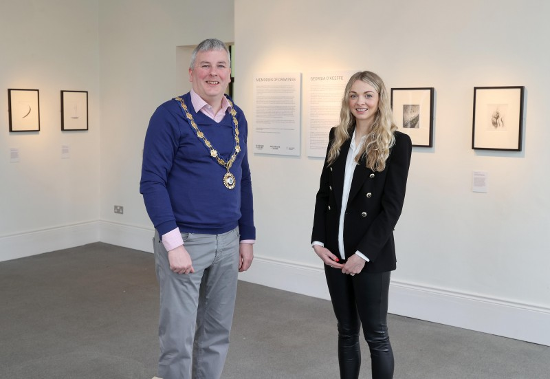 The Mayor of Causeway Coast and Glens Borough Council Councillor Richard Holmes pictured during his visit to ‘Memories of Drawings’ Exhibition by internationally renowned artist Georgia O’Keeffe at Flowerfield Arts Centre with Arts Marketing and Engagement Officer Amy Donaghey.