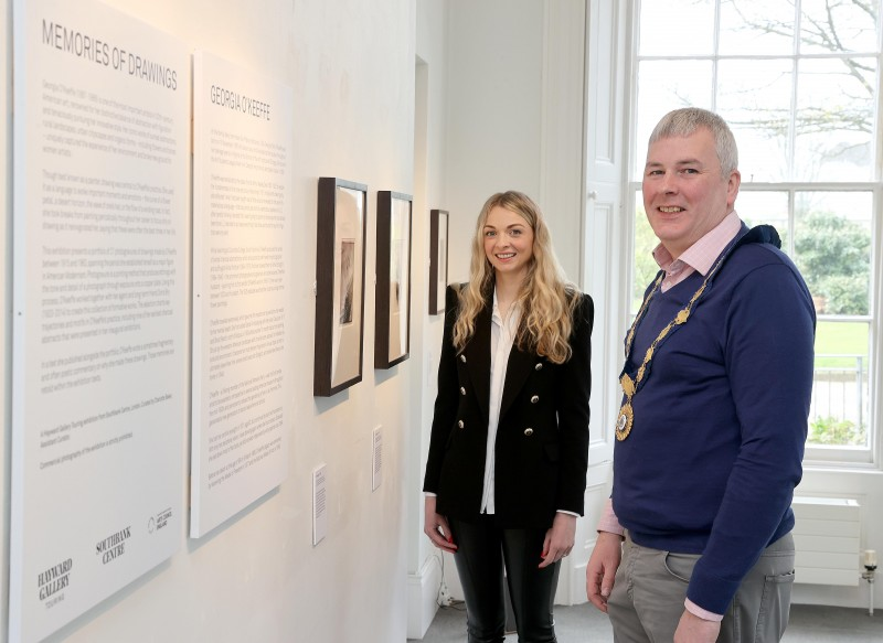 The Mayor of Causeway Coast and Glens Borough Council Councillor Richard Holmes pictured during his visit to ‘Memories of Drawings’ Exhibition by internationally renowned artist Georgia O’Keeffe at Flowerfield Arts Centre with Arts Marketing and Engagement Officer Amy Donaghey.