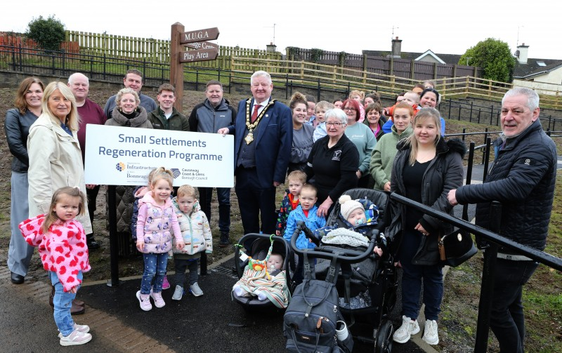 Mayor of Causeway Coast and Glens, Councillor Steven Callaghan with members of Rasharkin Mother and Toddler Group at the new accessible path at Rasharkin Community Centre. Also pictured are Julienne Elliot, Council’s Town & Village Manager; Wendy McCullough, Council’s Head of Sport & Wellbeing; Sean Hanna, Rasharkin Community Group; Pat Mulvenna, Director of Leisure & Development; Brian Bradley, BJ Construction Ltd; Caolan O’Connor, Kilcreen Consulting Ltd; Gregg McClements, Council’s Capital Project Officer; and Nigel McFadden, Project Co-Ordinator.