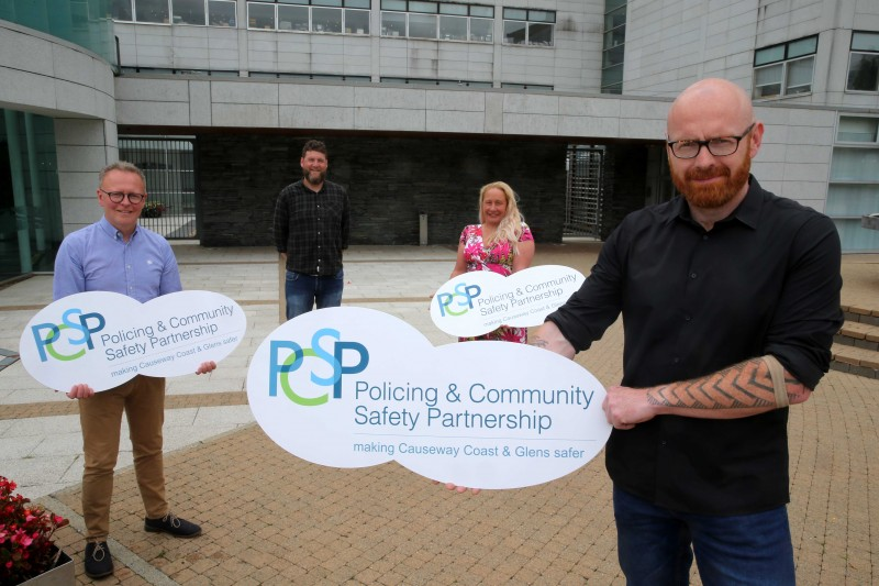 The new Chairperson of Causeway Coast and Glens Policing and Community Safety Partnership Councillor Darryl Wilson launches the latest round of PCSP Grant Funding Programme at Cloonavin with (left -right) PCSP Manager Jonny Donaghy and PCSP Officers Michael McCafferty and Melissa Lemon.