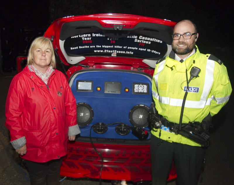 Margaret Anne Mc Killop, PCSP Chair and Constable Ryan Mc Kenna pictured at the ‘2 Fast 2 Soon’ road safety initiative.
