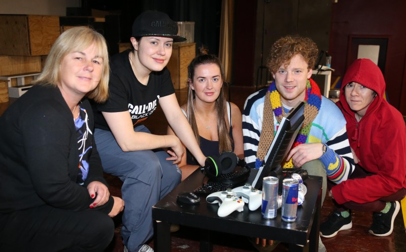PCSP Chair Councillor Margaret Anne McKillop pictured with actors from Spanner In The Works Theatre company following their performance at Dalriada School, Ballymoney.