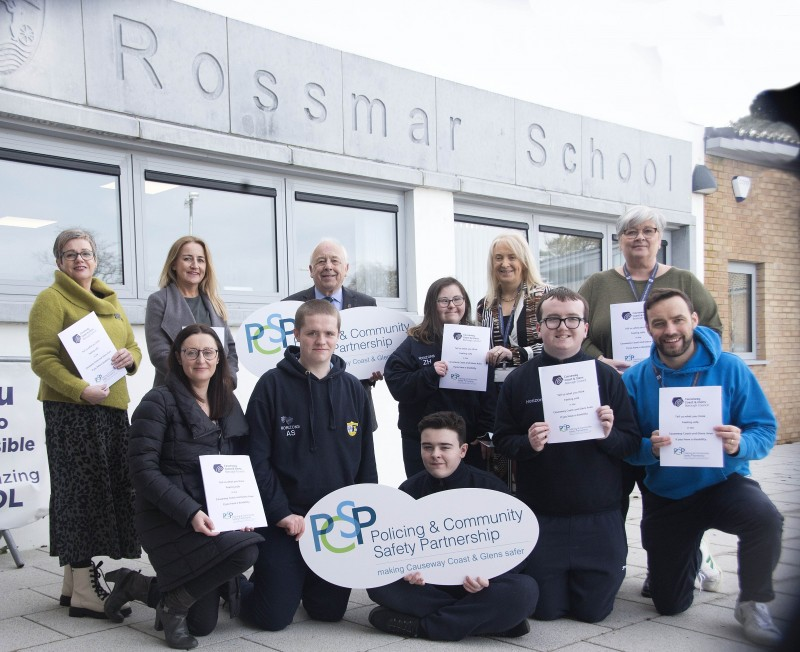 Pupils from Rossmar School join the launch of Causeway Coast and Glens Policing and Community Safety Partnership’s consultation for disabled people and their carers along with representatives from the PCSP, Mencap NI and Disability Action.