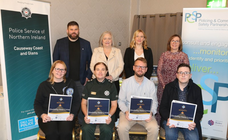 Pictured at the launch of the new disability hate crime lesson plan are (l-r) Michael Avila, Hate Crime Advocacy Service, PCSP Chairperson Cllr Brenda Chivers, Christine Kearney, Autism NI, Julieann Hawthorne, Education Authority ABSIT team, Mhairi O’Rourke from ‘I am Me’ Scotland, PSNI Chief Superintendent Sue Steen, and Chris Bolton and Conal Mc Peake, Disability Action.