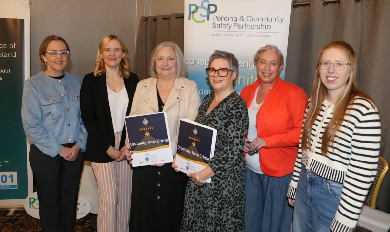 Causeway Coast and Glens Borough Council Diversity Champion Cllr Cara McShane, Christine Kearney, Autism NI, PCSP Chairperson Cllr Brenda Chivers, Karen Smith, Disability Action, Elaine McConaghie Council Equality Officer, and Amy Townsley, at the launch of the new disability hate crime lesson plan.