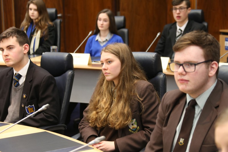 Pupils from Cross and Passion College, Dominican College and Ballycastle High School pictured in the Council Chamber during the policing and community safety event.