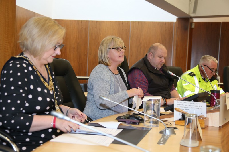 The Mayor of Causeway Coast and Glens Borough Council, Councillor Brenda Chivers pictured with PCSP Chair, Councillor Margaret-Anne Mc Killop, PCSP Vice Chair, Anthony Mc Peake and PSNI Chief Inspector, Ian Magee at the policing and community safety event in Cloonavin.
