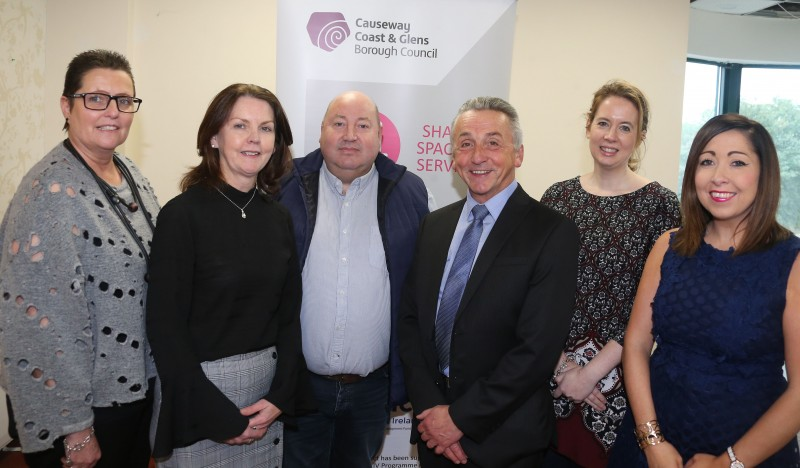 Louise Morrow, Chair of the Ullans Centre; Gabrielle Quinn, Peace IV SYCS Project Officer; Adrian McQuillan, Ullans Centre Committee Member; Councillor William McCandless Chair of the Peace IV Partnership Board; Sarah-Jane Goldring, Peace IV coordinator and Marie-Claire Peters, Peace IV Project Officer, pictured at the launch of work on the centre.
