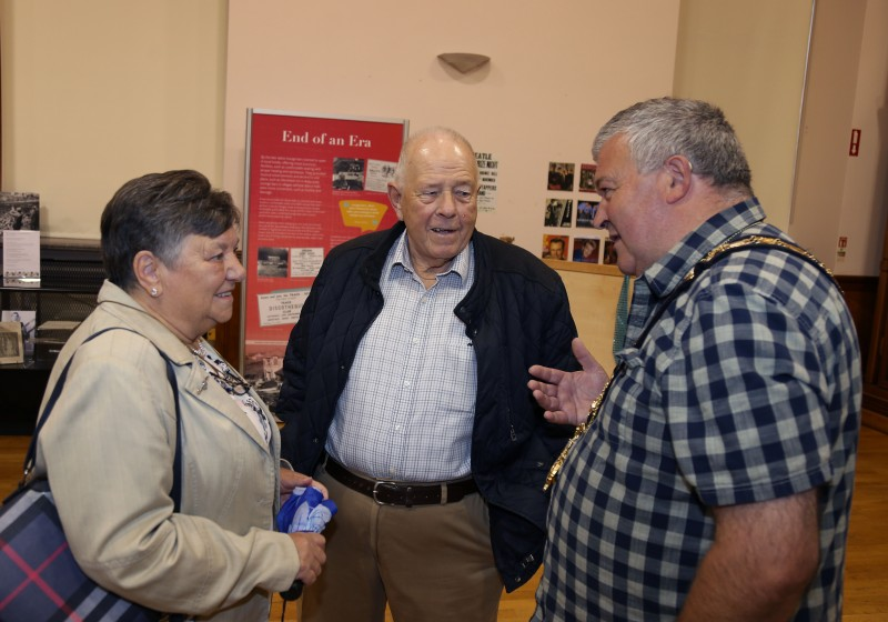 The Mayor of Causeway Coast and Glens Borough Council Councillor Ivor Wallace chats with Derek and Valerie Hibbert at the opening of the new exhibition ‘Let Me Introduce You: A History of Dance Halls in the Causeway Area’ created by Causeway Coast and Glens Borough Council’s Museum Services and co-curator, Fran McCloskey.