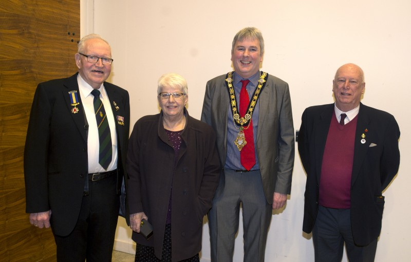 The Mayor of Causeway Coast and Glens Borough Council Councillor Richard Holmes pictured with Barry McKay, Sue McKay and John McLaughlin at a reception in Cloonavin to mark the 25th anniversary of the conferment of the Freedom of the Borough on Ballymoney Royal British Legion.