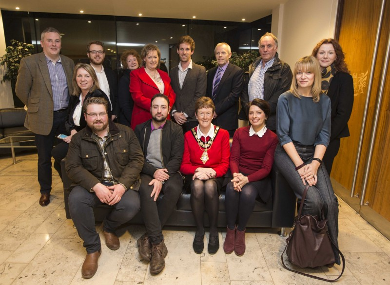 The Mayor of Causeway Coast and Glens Borough Council, Councillor Joan Baird, OBE pictured with Councillor Richard Holmes, Martin Clark, Business Development Manager, Bridget McCaughan, Economic Development Officer, Dr Karise Hutchinson, University of Ulster and the first recipients of Council’s Enterprise Fund at a special reception held in Cloonavin.