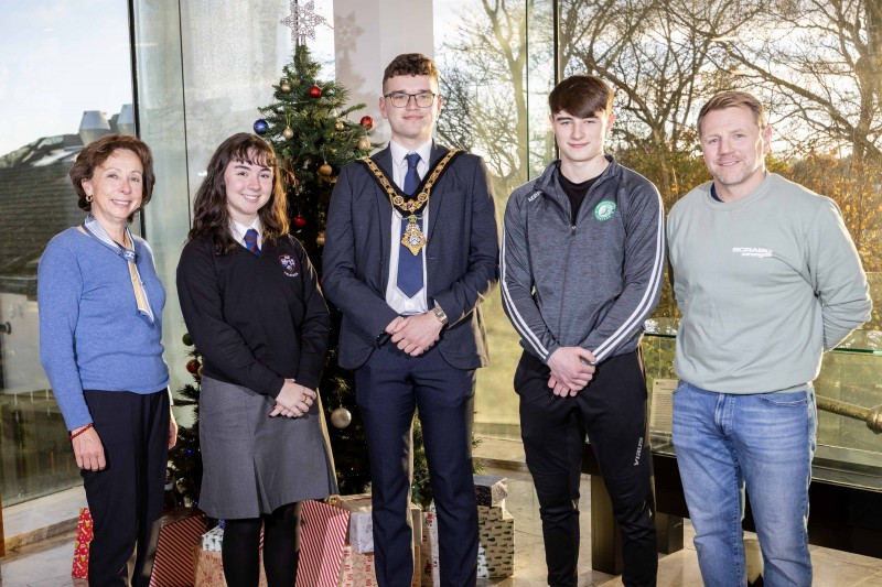 Pictured at a reception to celebrate their recent sporting achievements are Minnie Dihmis (powerlifting) and Zak Taggart (weightlifting). They are pictured alongside Mayor of Causeway Coast and Glens, Councillor Ciarán McQuillan, Minnie’s mum Diana and Zak’s dad Jason.