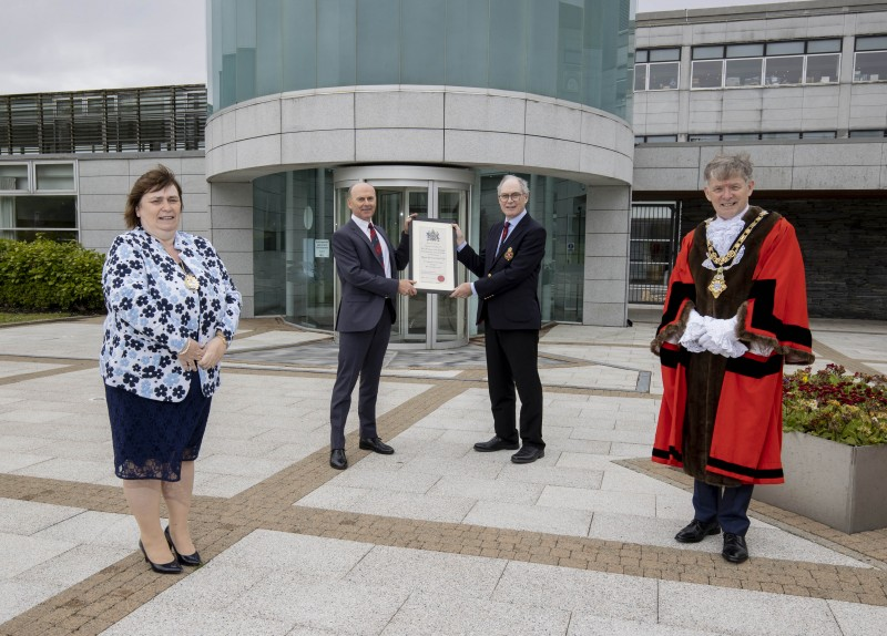 Sir Richard McLaughlin, President of Royal Portrush Golf Club and Dr Ian Kerr, Captain of Royal Portrush Golf Club, pictured with the Mayor of Causeway Coast and Glens Borough Council Alderman Mark Fielding and Mayoress, Mrs Phyliss Fielding, following the Freedom of the Borough ceremony held in Cloonavin on Friday 21st May 2021.
