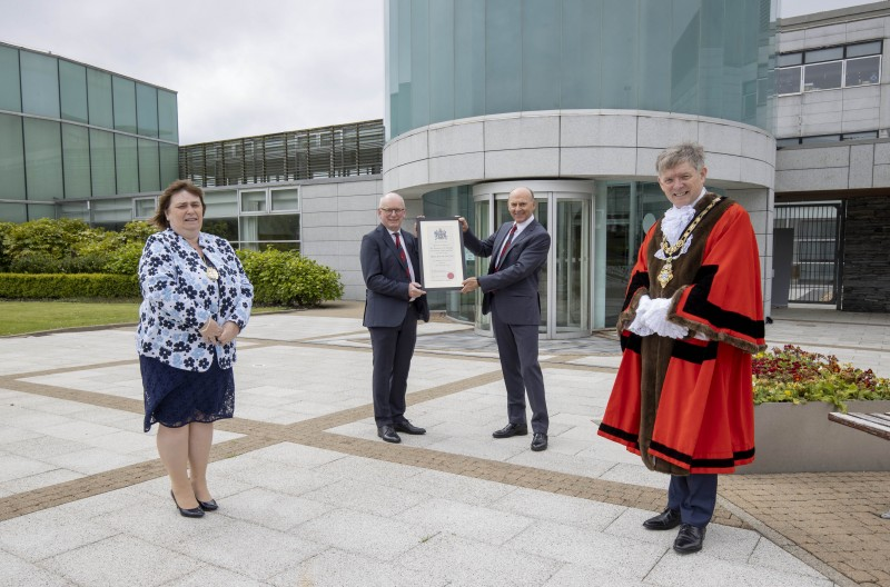 David McMullan, Honorary Secretary of Royal Portrush Golf Club and Dr Ian Kerr, Captain of Royal Portrush Golf Club, pictured with the Mayor of Causeway Coast and Glens Borough Council Alderman Mark Fielding and Mayoress Mrs Phyliss Fielding, following the Freedom of the Borough ceremony held in Cloonavin on Friday 21st May 2021.