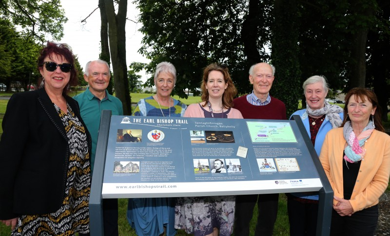 Helen Perry, Museum Services Development Manager, Jerry Sayers, Hervey Heritage Group, Joanne Honeyford, Peace IV Project Officer, Sarah-Jane Goldring, Peace IV Co-ordinator, Jim Hunter, Betty McNerlin & Loretto Blackwood, Hervey Heritage Group pictured at the site of a new heritage trail interpretative panel at Tamlaghtfinlagan Parish Church in Ballykelly