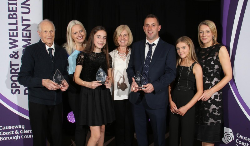 Representatives of Ballycastle Tennis Club, winners in the Moyle area heat, pictured with the Mayor of Causeway Coast and Glens Borough Council Councillor Sean Bateson and Master of Ceremonies Sarah Travers.