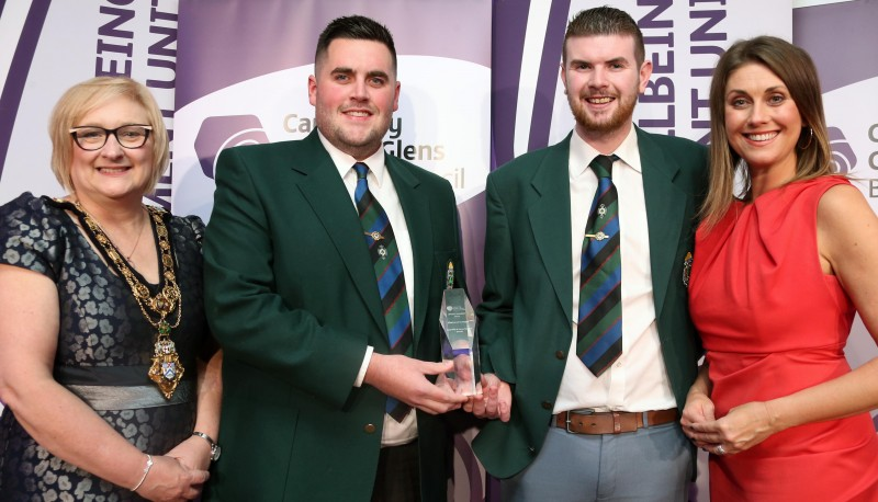 Gary Kelly and Aaron Tennant, winners of the Chairmen’s Award pictured with the Mayor of Causeway Coast and Glens Borough Council Councillor Brenda Chivers and awards host Sarah Travers.