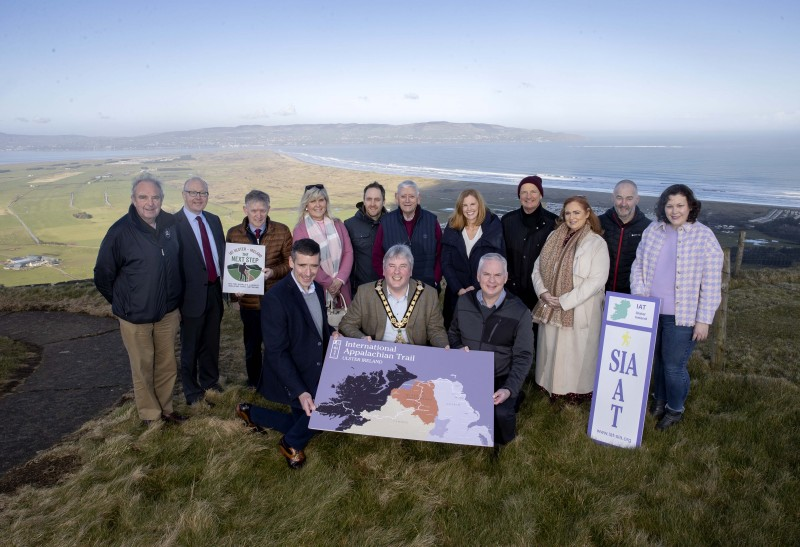 Pictured at Gortmore View Point along the stunning Bishop’s Road near Limavady for the official launch of the next phase of the International Appalachian Trail Ulster-Ireland are back row L-R Tommy Collins, Alan Nicholl DAERA, Alderman Mark Fielding, Mairead McCormack, Mark Strong, William King, Kerrie McGonigle, Anthony McGarvey, Councillor Ashleen Schenning, Richard Gillen, and Jayne Woodrow (Outdoor Recreation NI). Front row L-R: David Reid - DAERA, the Mayor of Causeway Coast and Glens Borough Council Councillor Richard Holmes, and LAG Chairperson Dermot Nicholl.