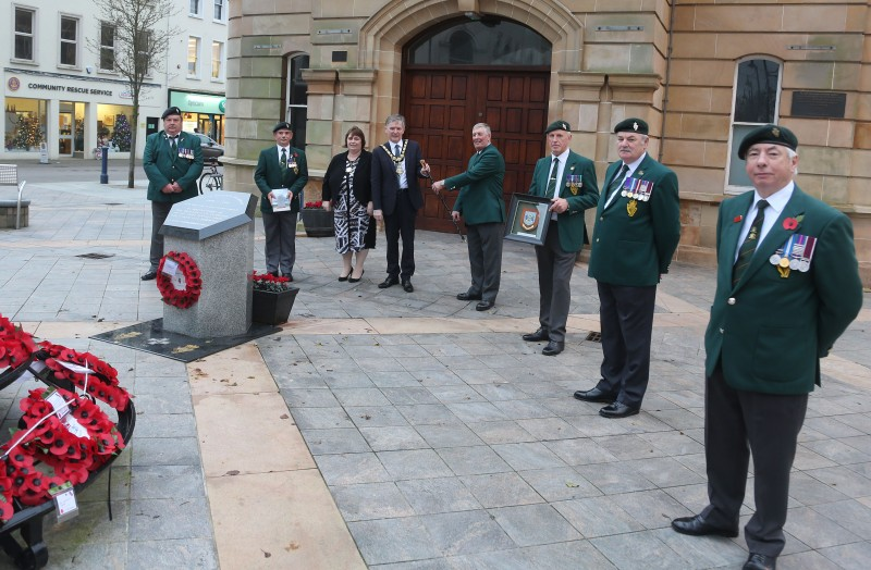 The Mayor of Causeway Coast and Glens Borough Council Alderman Mark Fielding and his wife Phyllis pictured at the Diamond in Coleraine for a presentation to mark the 50th anniversary of the formation of the UDR Regiment along with Adrian Nicholl, Alan Campbell, Kenny Hutchinson, Danny Sheppard, Jack Reid and Ian Davidson.