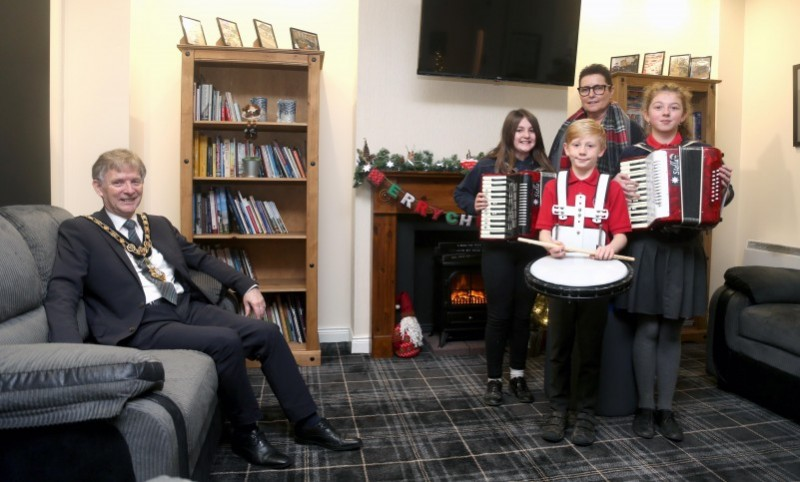 Young musicians from Landhead Primary School, Kael Donnell, Halle Blair, Zoey Andrews pictured with their tutor Louise Morrow and the Mayor of Causeway Coast and Glens Borough Council Alderman Mark Fielding at the Ullans Centre in Ballymoney.