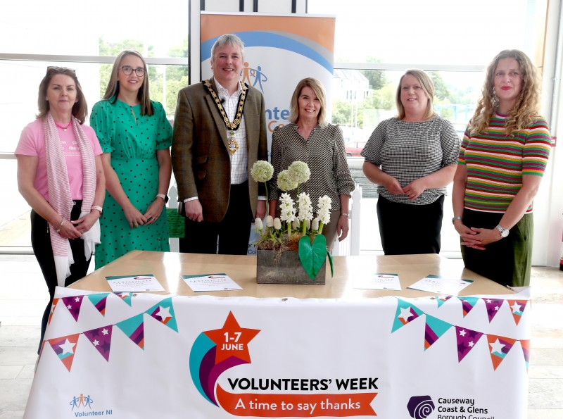 Gabrielle Quinn, Ciara McNickle (Causeway Volunteer Centre), the Mayor of Causeway Coast and Glens Borough Council Councillor Richard Holmes, Mary McNickle (Causeway Volunteer Centre), Louise Scullion and Catherine Farrimond pictured at the reception for volunteers held in Cloonavin during Volunteers Week.