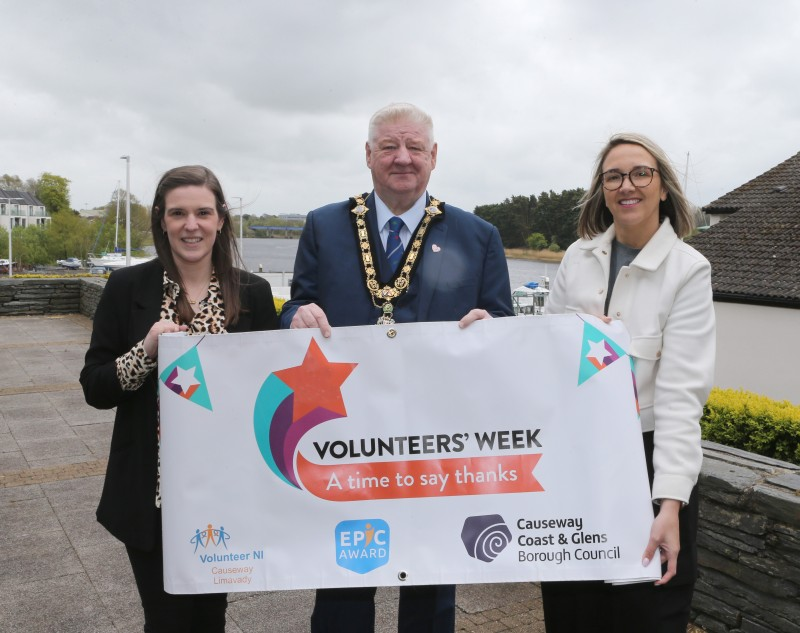 The Mayor of Causeway Coast and Glens, Councillor Steven Callaghan, alonsgide Stephanie Scott Neighbourhood Renewal Co-ordinator and Ciara McNickle, Development Officer, Causeway Volunteer Centre
