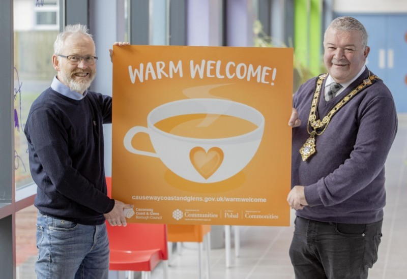 The Mayor of Causeway Coast and Glens Borough Council, Councillor Ivor Wallace, pictured at Flowerfield Arts Centre in Portstewart with a member of U3A Coleraine, as Council launches its new Warm Welcome Spaces directory.