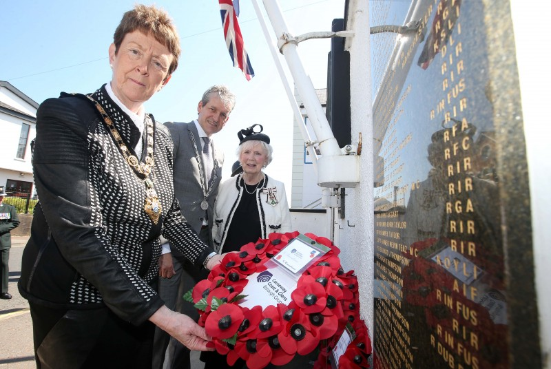 The Mayor of Rhenen pictured with the Lord Lieutenant for County Antrim Joan Christie CVO OBE and the Mayor of Causeway Coast and Glens Borough Council Councillor Joan Baird OBE at the war memorial in Ballymoney.