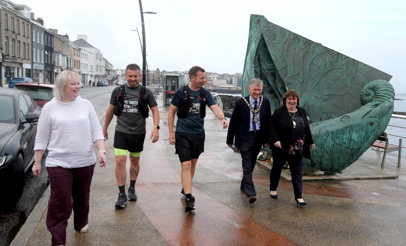 Connor Ferguson and Ian Reid are welcomed to Portstewart by the Mayor of Causeway Coast and Glens Borough Council, the Mayoress, Mrs Phyllis Fielding and Council’s Veterans’ Champion, Councillor Michelle Knight McQuillan.