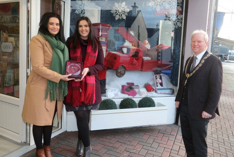 Nora and Katie was the winner of the Best Christmas Window in Dungiven. Deputy Mayor of Causeway Coast and Glens Borough Council Alderman Tom McKeown presented the prize to Rose Kearney and Sheila McCartney.