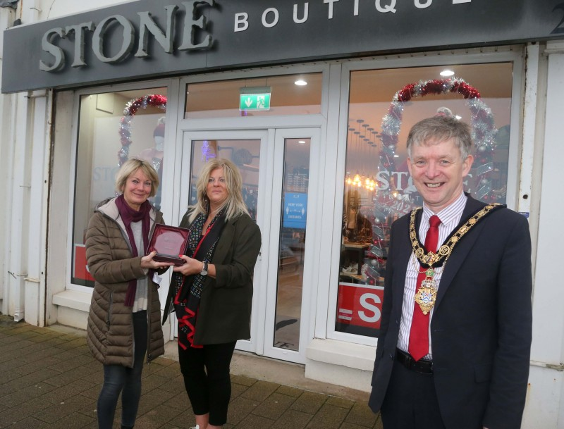 Stone Boutique was the winner of the Best Christmas Window in Portstewart and the Mayor of Causeway Coast and Glens Borough Council Alderman Mark Fielding presented the award to Lynda Hodge and Helen Beattie.