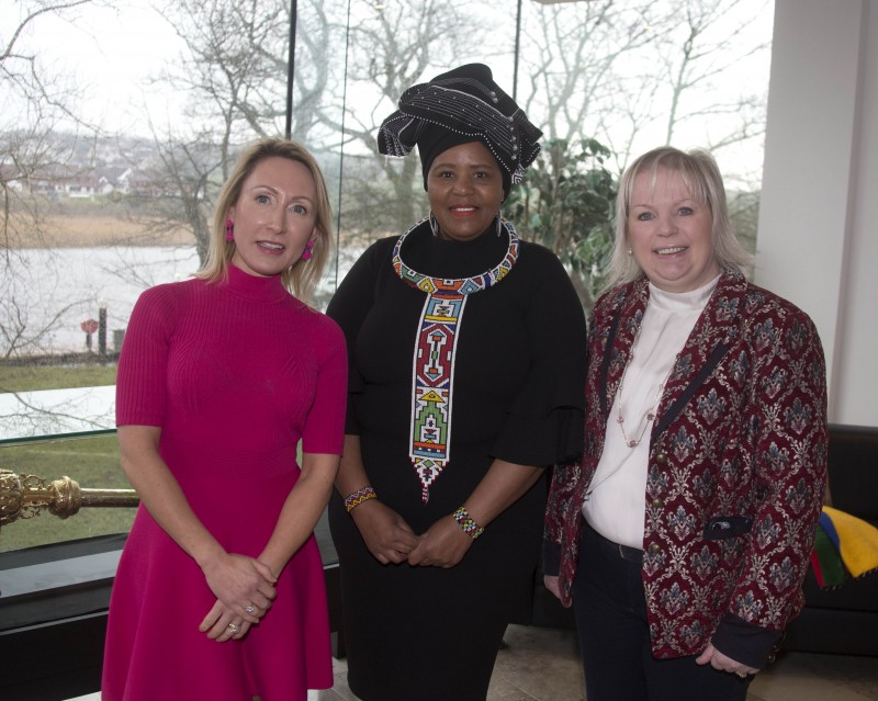 Special guests Johann Muldoon and Nandi Jola pictured with the Vice-Chair of Causeway Coast and Glens Borough Council’s Women’s Working Group Alderman Michelle Knight McQuillan at the International Women’s Day event in Cloonavin.