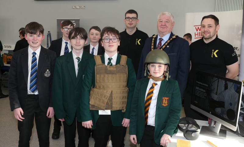 Mayor of Causeway Coast and Glens, Councillor Steven Callaghan with Year 10 pupils and staff from Kevlar Maydown.