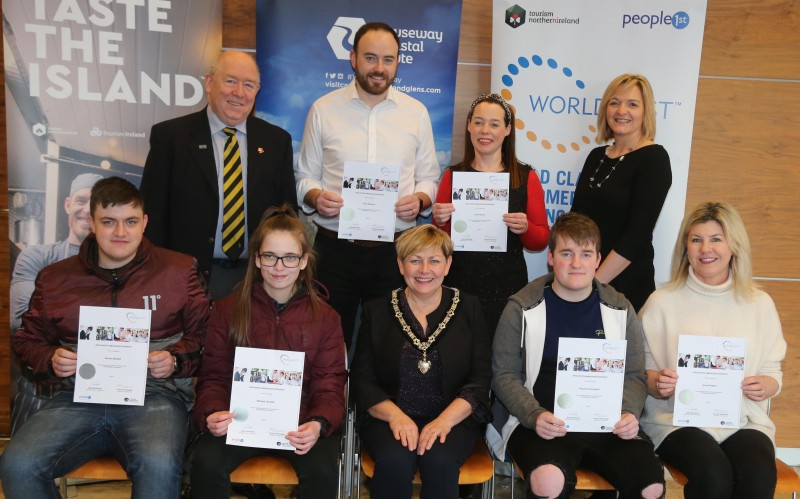 Back row, (L-R) are trainer Steven Chambers, Colin Manson, Visit Portrush, Trade Engagement Officer Clare Quinn and trainer Wendy Gallagher from ‘Causeway Foodie Tours.’ Front row (L-R) representatives from Portrush Atlantic Steven Moffatt and Melissa Gorham, Deputy Mayor of Causeway Coast and Glens Borough Council Alderman Sharon McKillop, Rynard Campbell from Portrush Atlantic and Anne English from The Gobbins Café.