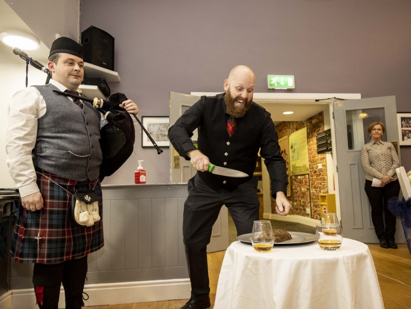 Matthew Warwick from the Ulster Scots Community Network performs the Address to the Haggis during the Burns Night event organised by Causeway Coast and Glens Borough Council’s Good Relations team in partnership with Limavady Community Development Initiative’s Hen’s Shed.