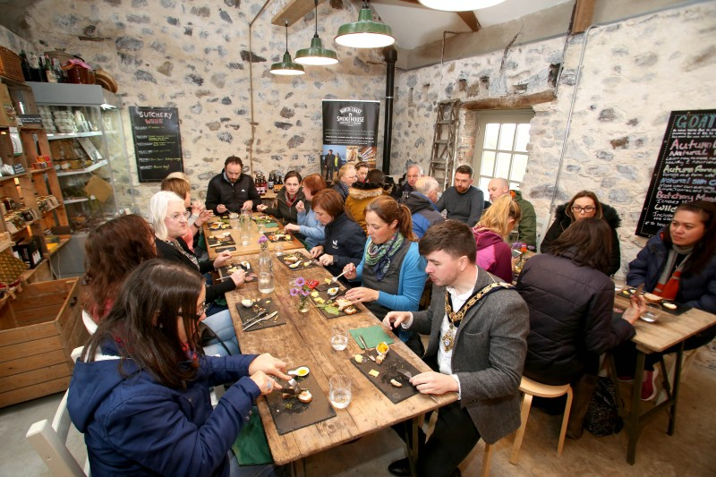Fam Trip participants enjoy lunch at the café at Broughgammon Farm.