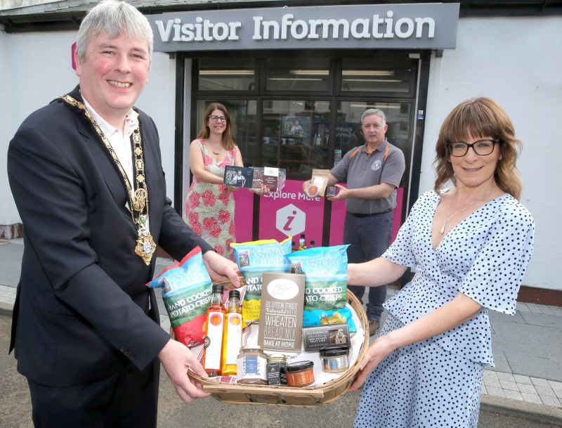 The Mayor of Causeway Coast and Glens Borough Council Councillor Richard Holmes pictured at Bushmills Visitor Information Centre with Stella Bolton, Taste Causeway CIC Board Member, Caroline Carey, Causeway Coast and Glens Borough Council’s Visitor Servicing Officer and Eoin McConnell from Naturally North Coast and Glens Artisan Market to mark the start of a new collaboration which will see Taste Causeway products sold in Visitor Information Centres in Ballycastle, Bushmills, Limavady and Portrush.