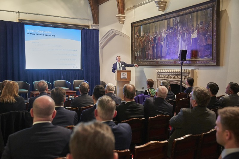 Paul Besley from 5NINES, anchor tenant of the Atlantic Link Enterprise Campus, addresses the event in London.