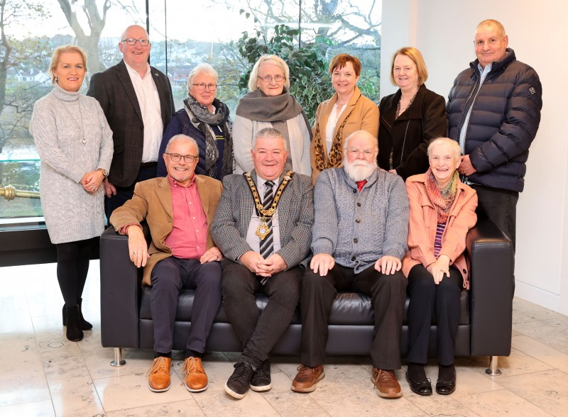 Back row (L-R) Helen McNeill, Steven Guy (Sands NI), Ann McCormick (Ballymoney NI Kidney Research Fund), Meta Page (Ballymoney NI Kidney Research Fund),  Caroline Mc Crellis, Shylene Boyle, and Nevin Boyle  Front row (L-R) Denis McNeill, the Mayor of Causeway Coast and Glens Borough Council Councillor Ivor Wallace, David Boyle, and Teresa Boyle