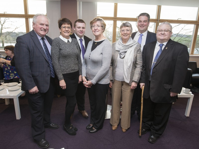 Councillor Norman Hillis pictured with Sylvia Leslie, Samuel Leslie, Eric Leslie, Anne Freeman, Reverend Richard Gregg and Eileen Askham.