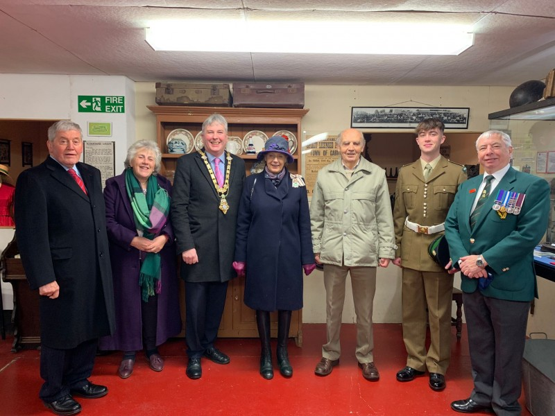 Pictured at Garvagh Museum are Desmond Hill, Deputy Lieutenant of County Londonderry, Pearl Hutchinson, the Mayor of Causeway Coast and Glens Borough Council Councillor Richard Holmes, Lord-Lieutenant of County Londonderry Mrs Alison Millar, George McIlroy, Cadet Sergeant Joshua Durnian and RBL Chairman Ian Davidson