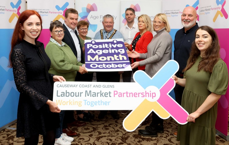 Dearbháile Hutchinson, Causeway Coast and Glens Borough Council Labour Market Partnership Officer, Vera Boyd from Platinum Care, Kevin Doherty, Slyvia Sampson Platinum Care, the Mayor of Causeway Coast and Glens Borough Council, Councillor Ivor Wallace, Liam Hinphey, Age Friendly Coordinator, Kelly Croskery Platinum Care, Annette Deighan, Causeway Chamber of Commerce, Marc McGerty Labour Market Partnership Manager and Chloe Stewart, Labour Market Partnership Administration Officer.