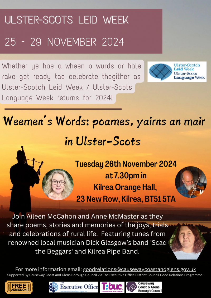 On Tuesday 26th November at 7.30 in Kilrea Orange Hall, join Aileen McCahon and Anne McMaster as they share poems, stories and memories of the joys, trials and celebrations of rural life.