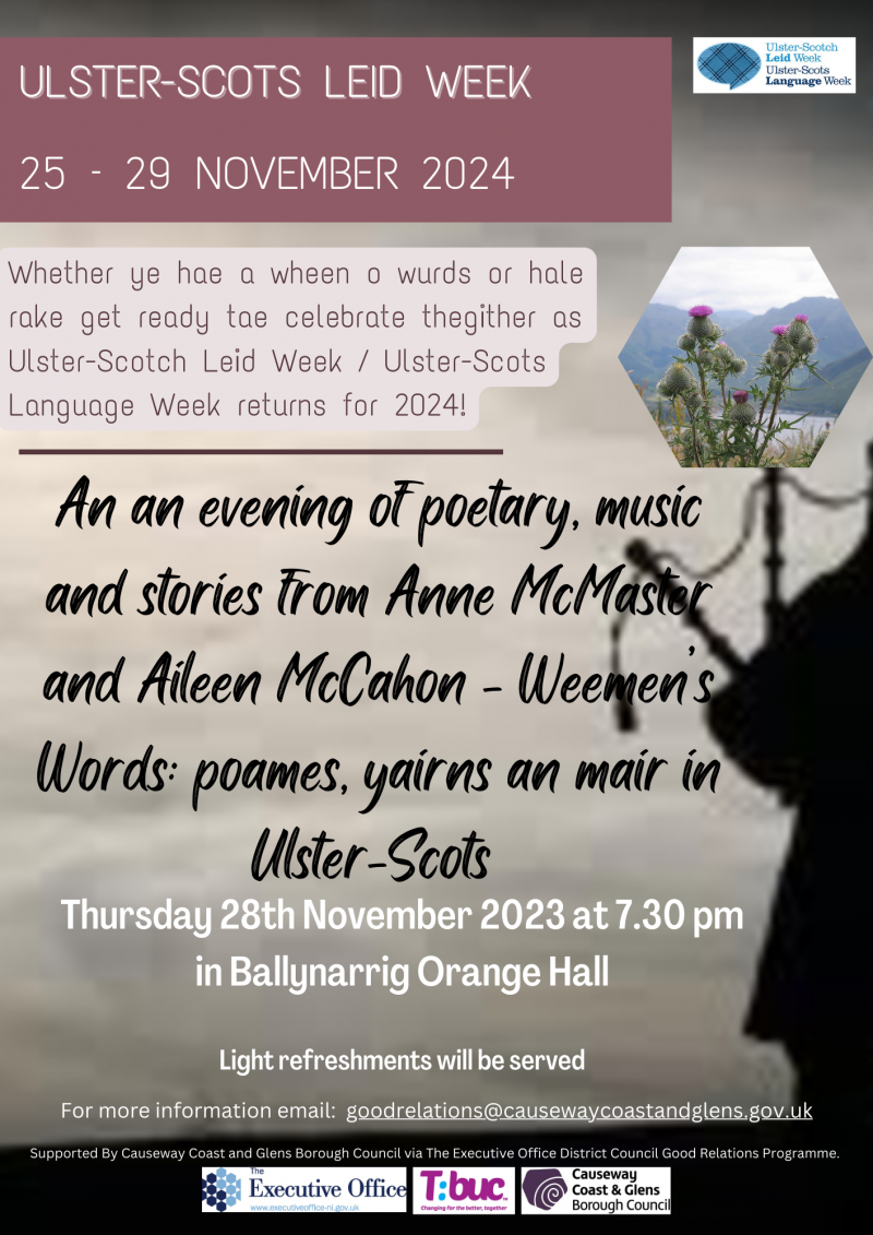 On Thursday 28th November and in association with Ballynarrig Cultural Group, there will be an evening of poetry, music and stories with Anne McMaster & Aileen McCahon.  This will be held in Ballynarrig Orange Hall at 7.30pm with light refreshments served.