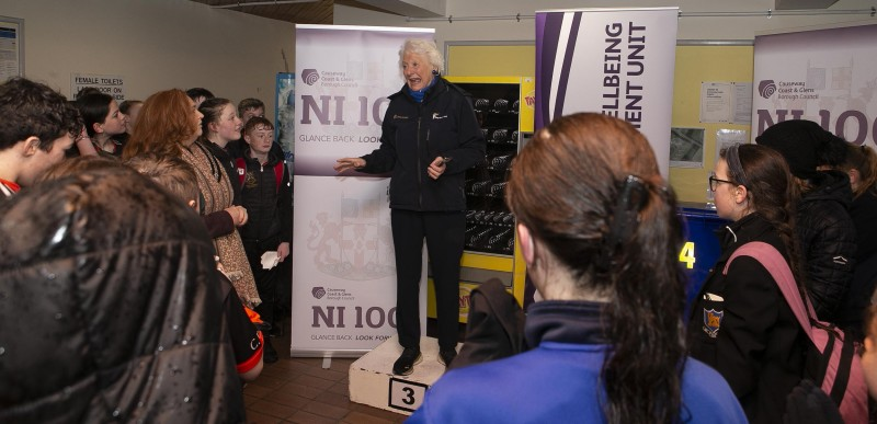 Lady Mary Peters speaking at the event in Coleraine organised by Causeway Coast and Glens Borough Council.