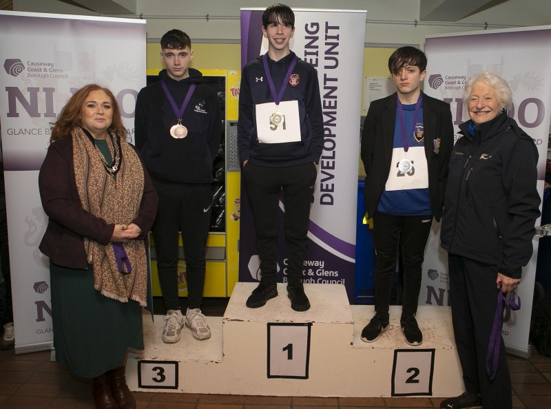 Medal winners pictured with Lady Mary Peters and the Deputy Mayor of Causeway Coast and Glens Borough Councillor Ashleen Schenning.