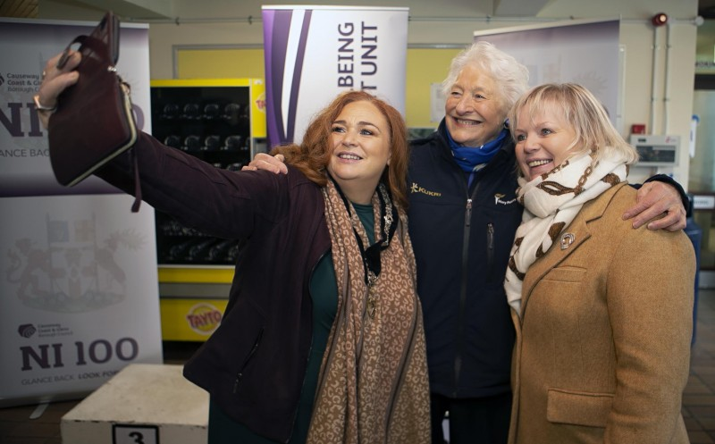 Dame Mary Peters pictured with the Deputy Mayor of Causeway Coast and Glens Borough Councillor Ashleen Schenning and the Chairperson of Council’s NI 100 Working Group Alderman Michelle Knight McQuillan.