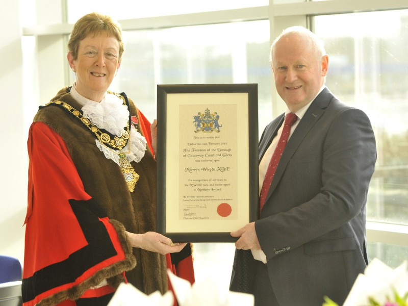 The new Freeman of the Borough of Causeway Coast and Glens Mervyn Whyte pictured with the Mayor, Councillor Joan Baird OBE.