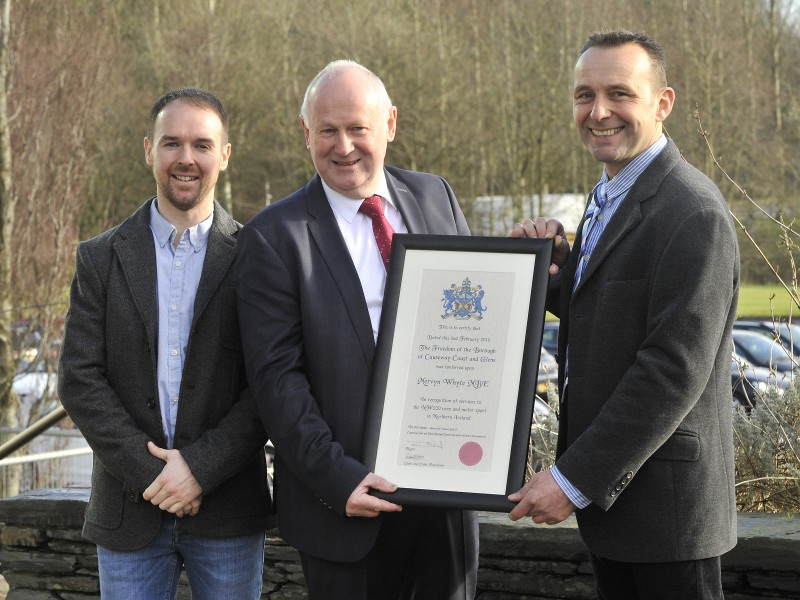 The new Freeman of the Borough of Causeway Coast and Glens Mervyn Whyte pictured with road racing stars Alastair Seeley and Steve Plater.